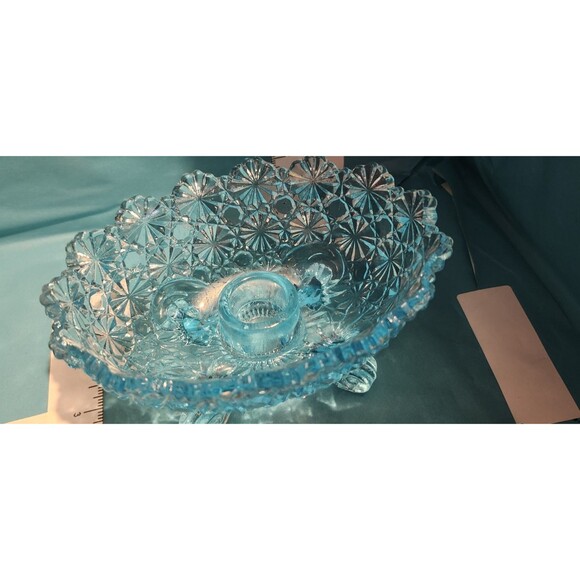 Vintage Blue Daisy & Button Pressed Glass Footed Bowl 3-Leg 6.5" Retro - Picture 7 of 11